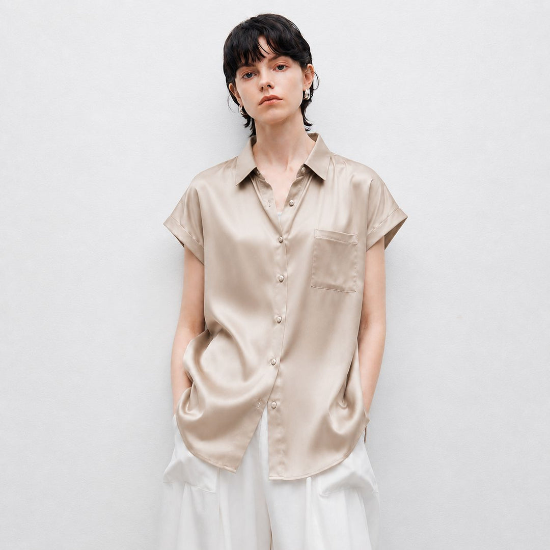 Relaxed Fit Luxury Mulberry Silk Cap Sleeve Shirt Blouse For Women