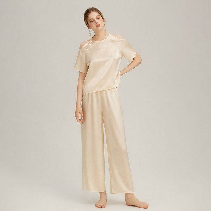 22 Momme Stylish Cold-Shoulder Short Sleeve Mulberry Silk Pajama Set for Women
