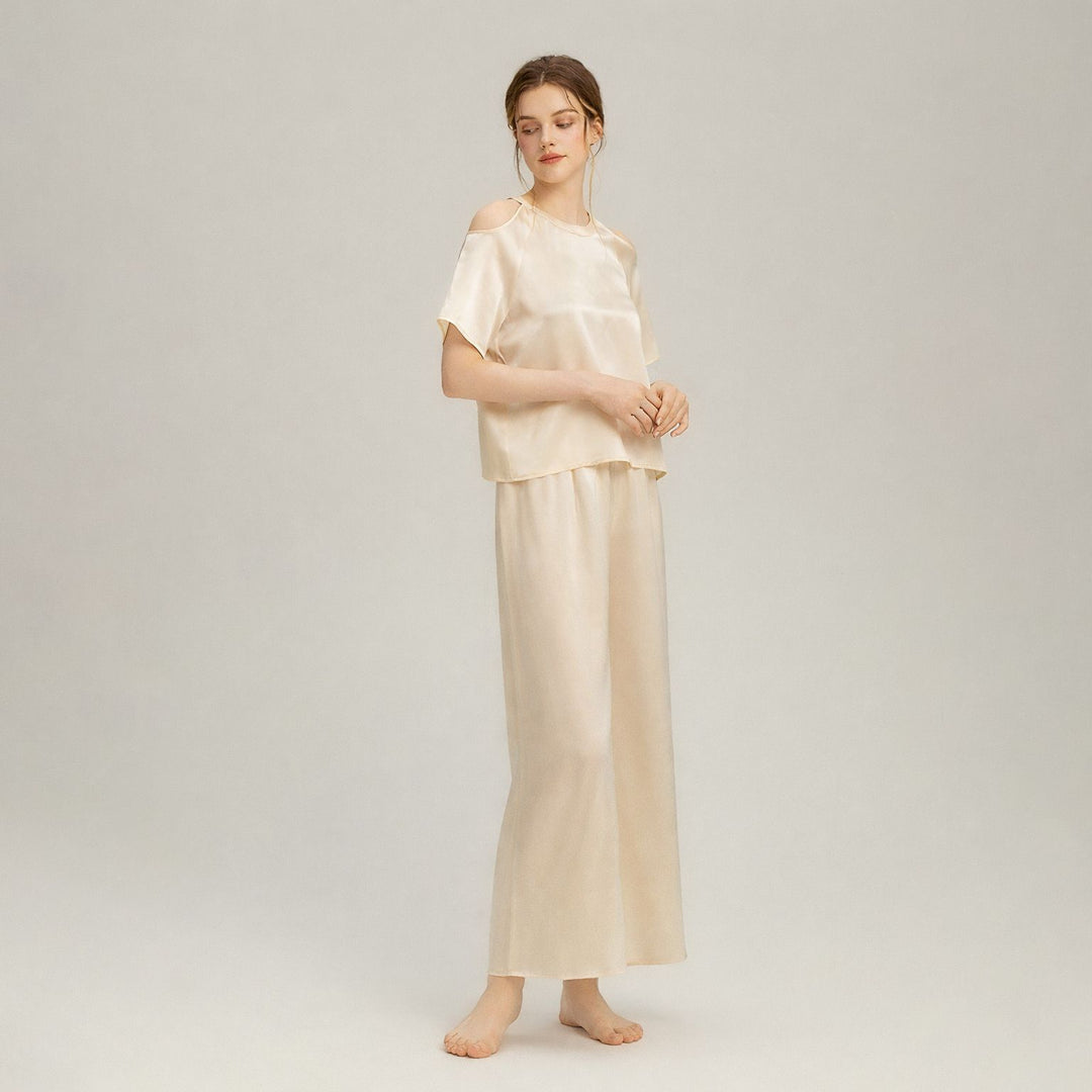 22 Momme Stylish Cold-Shoulder Short Sleeve Mulberry Silk Pajama Set for Women