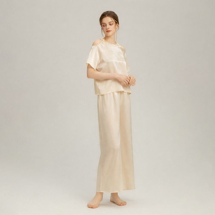 22 Momme Stylish Cold-Shoulder Short Sleeve Mulberry Silk Pajama Set for Women