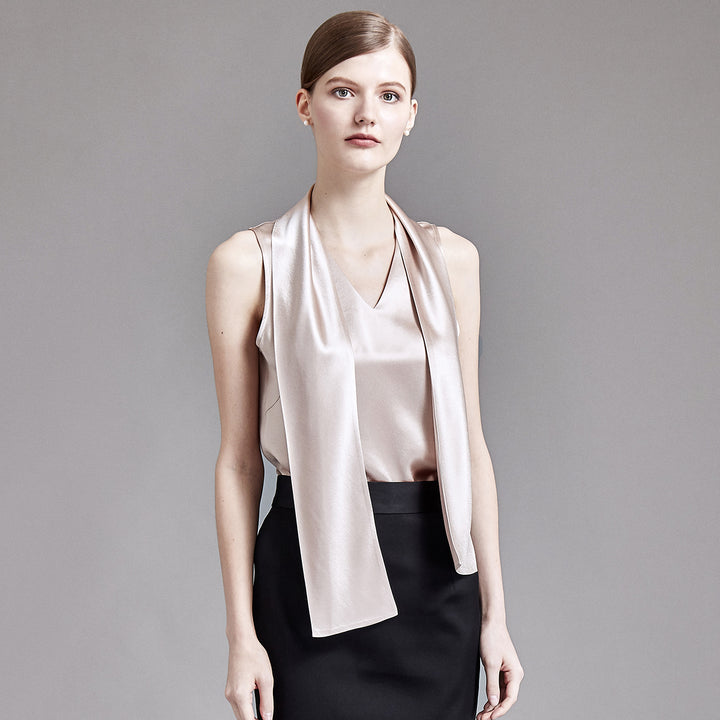22 Momme Women's V-Neck Sleeveless Silk Tank Top with Scarf Tie