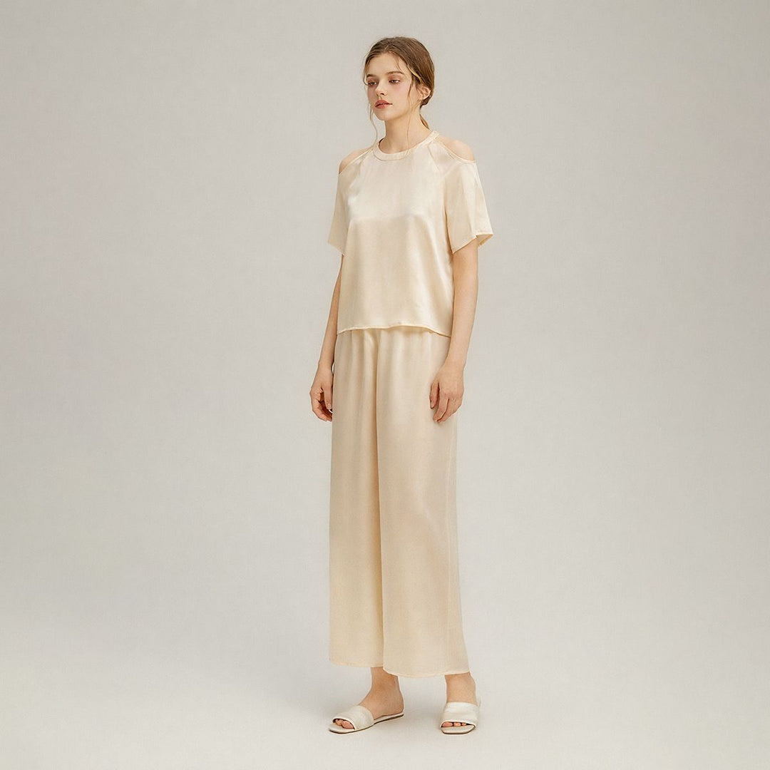 22 Momme Stylish Cold-Shoulder Short Sleeve Mulberry Silk Pajama Set for Women