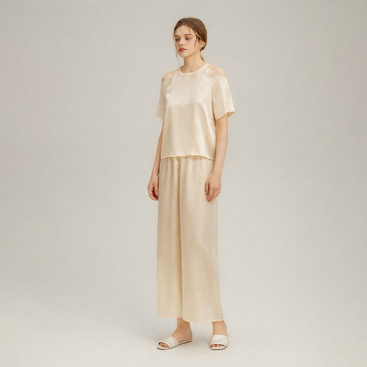 22 Momme Stylish Cold-Shoulder Short Sleeve Mulberry Silk Pajama Set for Women