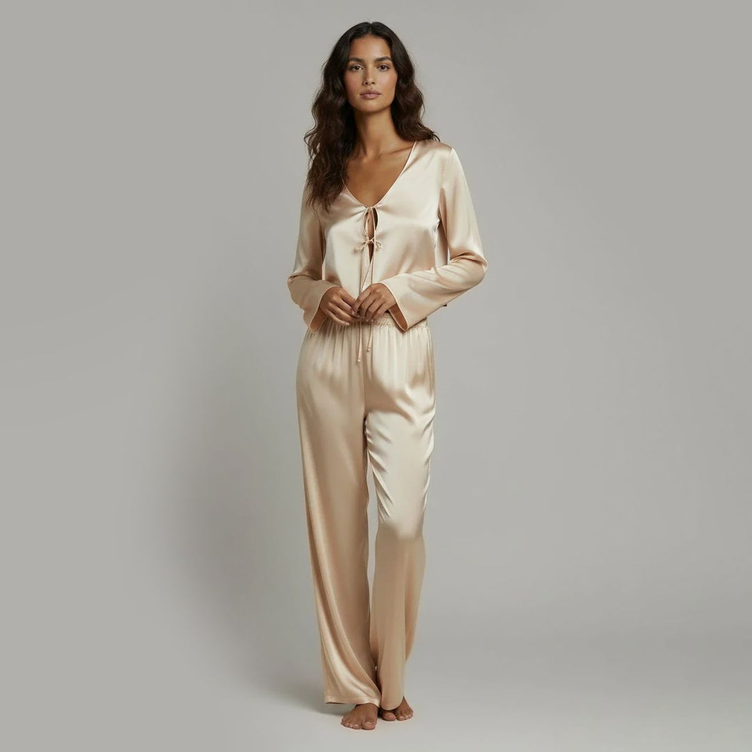 22 Momme Sexy Tie-Front  V-Neck Long Sleeve Silk Pajama Set for Women