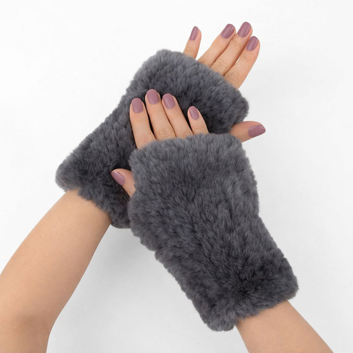 Women’s Real Rabbit Fur Fingerless Gloves Soft Plush Winter Knitted Mittens