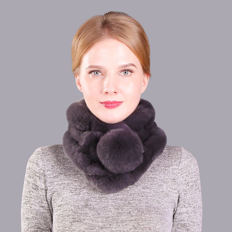 Luxury Real Rabbit Fur Collar Scarf with Pom-Pom Soft Winter Neck Warmer