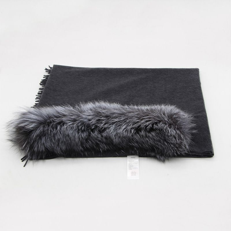 Cashmere Shawl with Real Fox Raccoon Fur Collar for Women Luxury Cashmere Wrap Scarf Winter Stole
