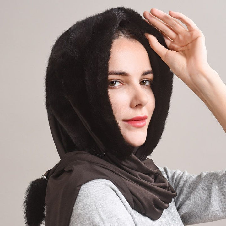 Luxury Real Mink Fur Hooded Hat with Scarf Elegant Winter Fur Hood for Women
