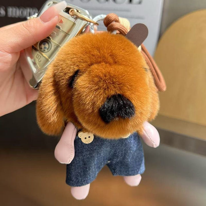 Cute Plush Puppy Fur Bag Charm Soft Real Rabbit Fur Furry Dog Keychain