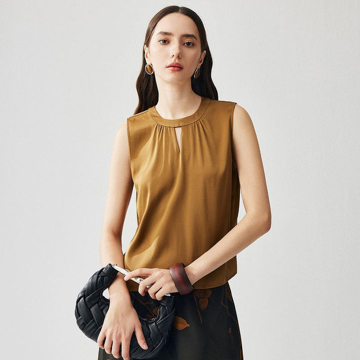 Round Keyhole Neck Sleeveless Mulberry Silk Tank Top for Women