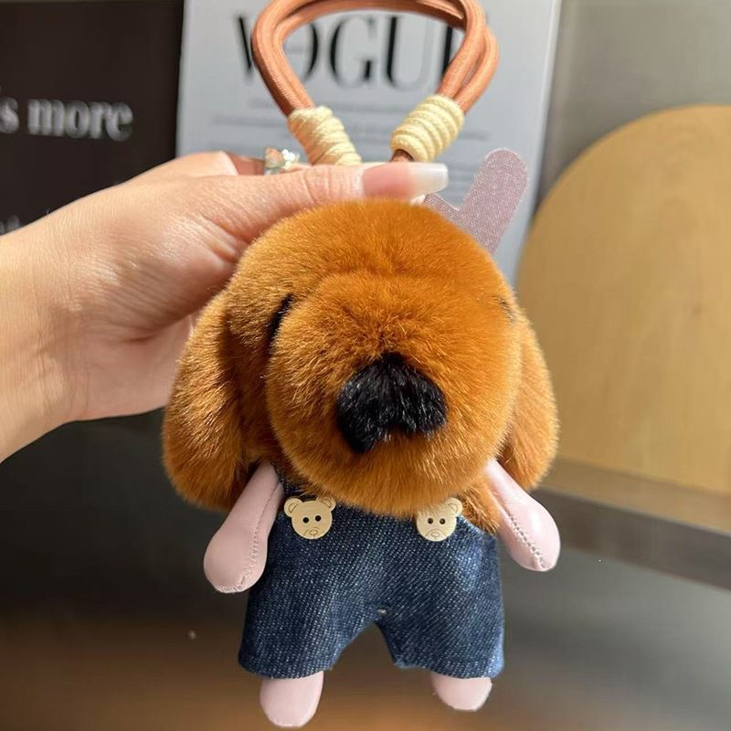 Cute Plush Puppy Fur Bag Charm Soft Real Rabbit Fur Furry Dog Keychain