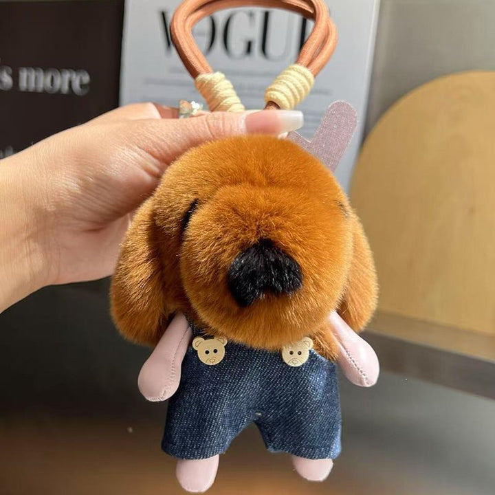 Cute Plush Puppy Fur Bag Charm Soft Real Rabbit Fur Furry Dog Keychain