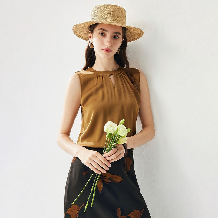 Round Keyhole Neck Sleeveless Mulberry Silk Tank Top for Women