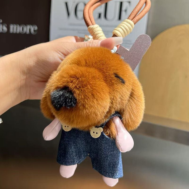 Cute Plush Puppy Fur Bag Charm Soft Real Rabbit Fur Furry Dog Keychain