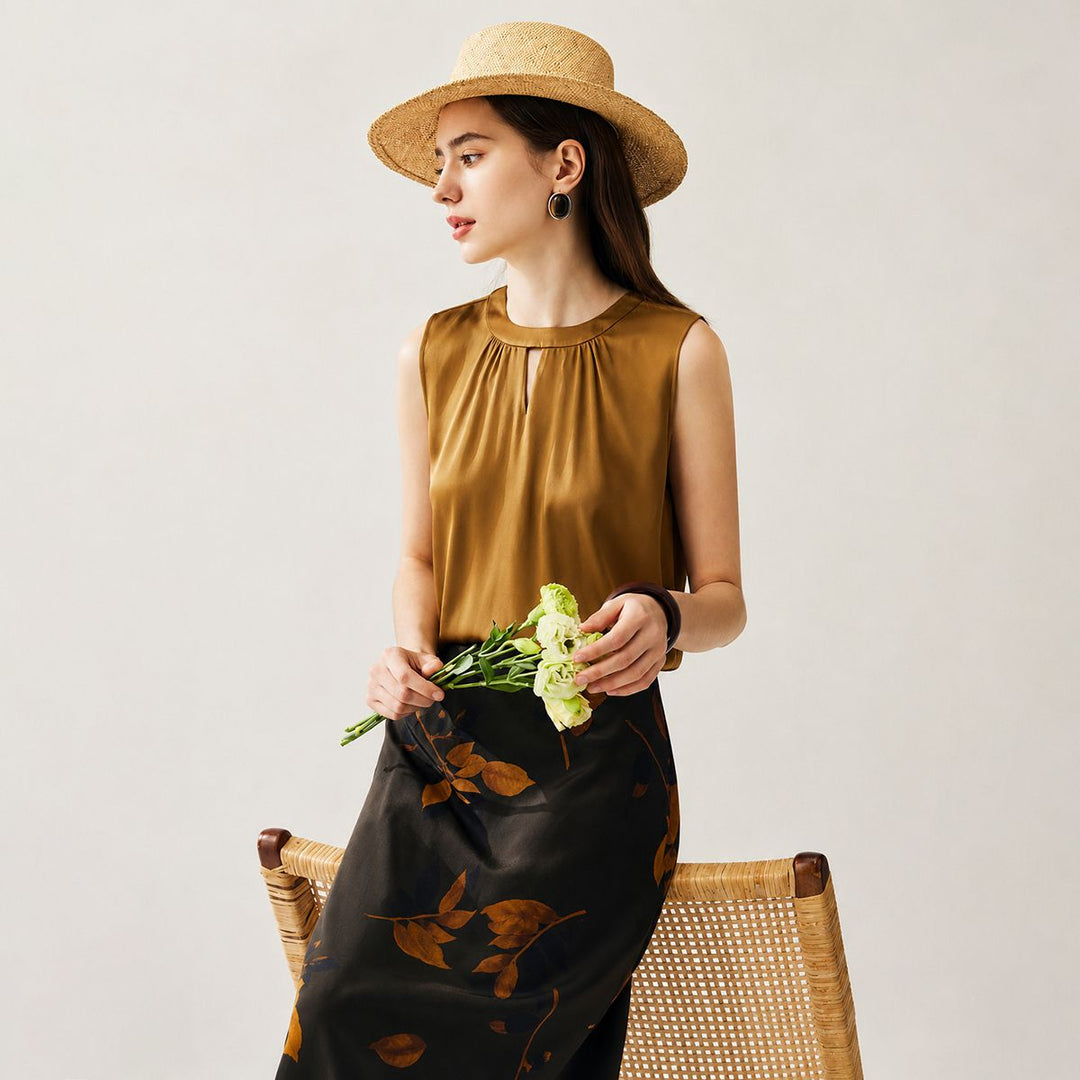 Round Keyhole Neck Sleeveless Mulberry Silk Tank Top for Women