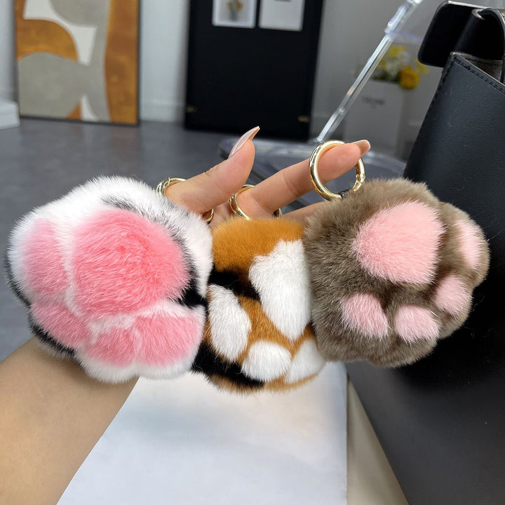 Luxury Real Rex Rabbit Fur Cat Paw Keychain Ultra-Plush Kitten Toe Beans Bag Charm Premium Car Key Ring Accessory