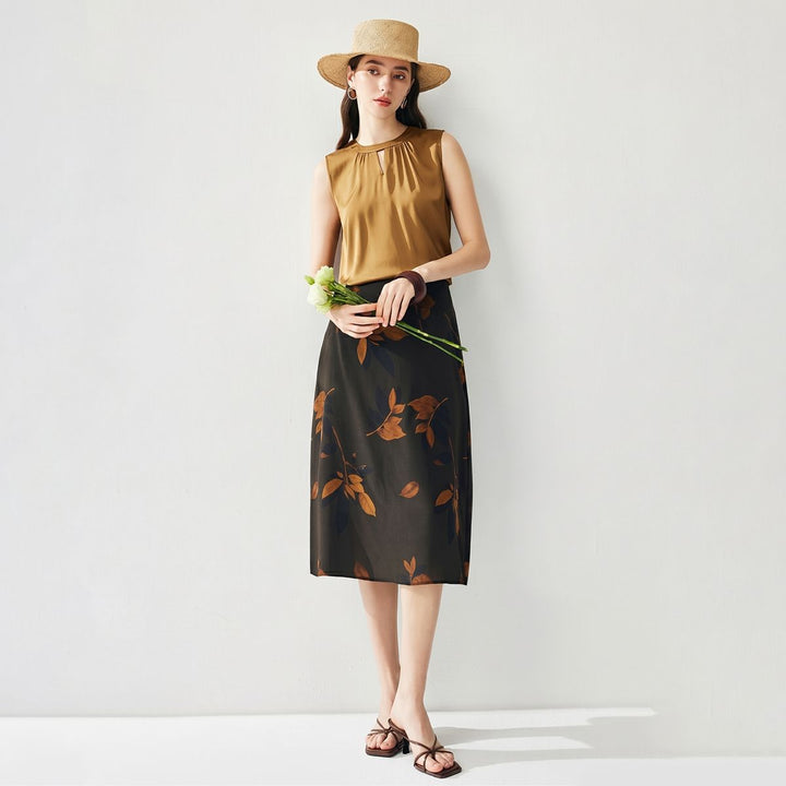 Round Keyhole Neck Sleeveless Mulberry Silk Tank Top for Women