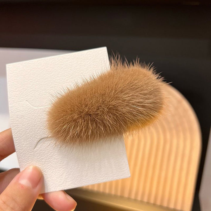 Mink Fur Hair Clip Soft Fluffy Oval Snap Hair Barrette