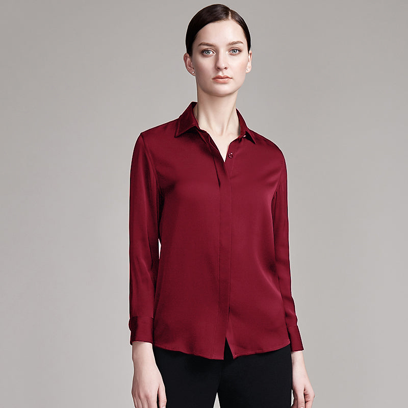 22 Momme Women's Basic Long-sleeved Silk Blouse with Hidden Placket