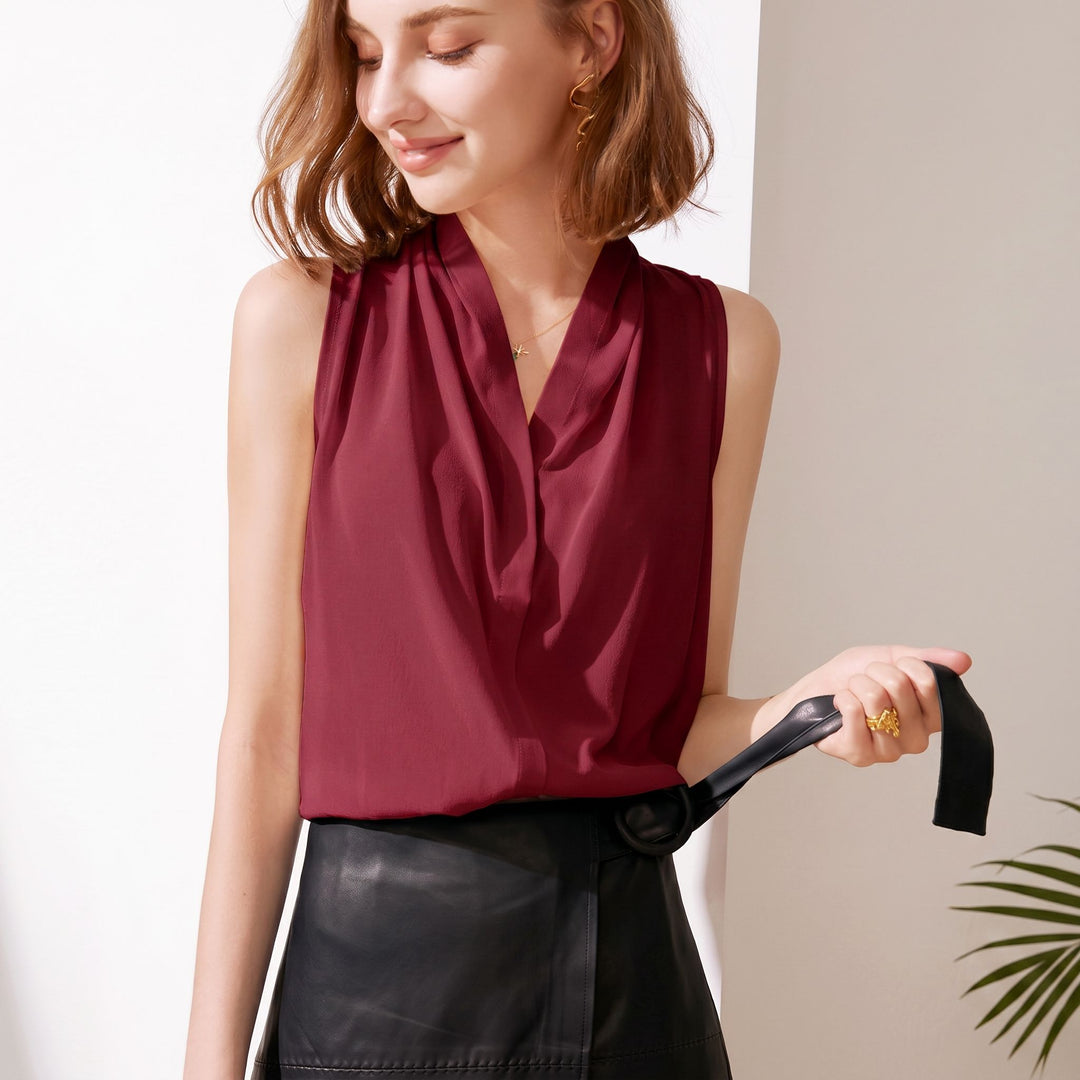 Women’s Sleeveless Draped V-Neck Mulberry Silk Blouse Top
