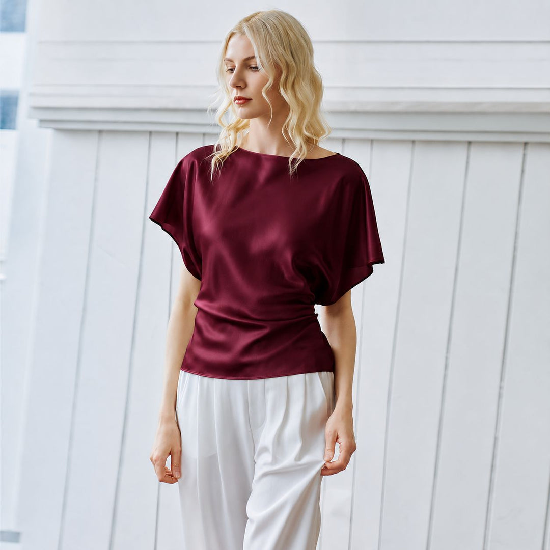 Elegant Self-Tie Batwing Sleeve Mulberry Silk Blouse Top
