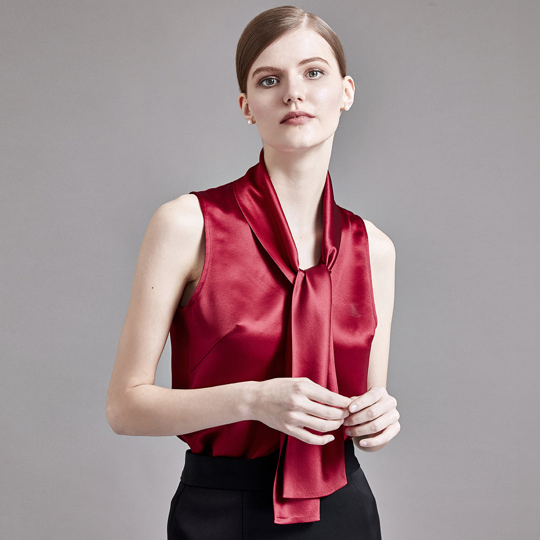 22 Momme Women's V-Neck Sleeveless Silk Tank Top with Scarf Tie