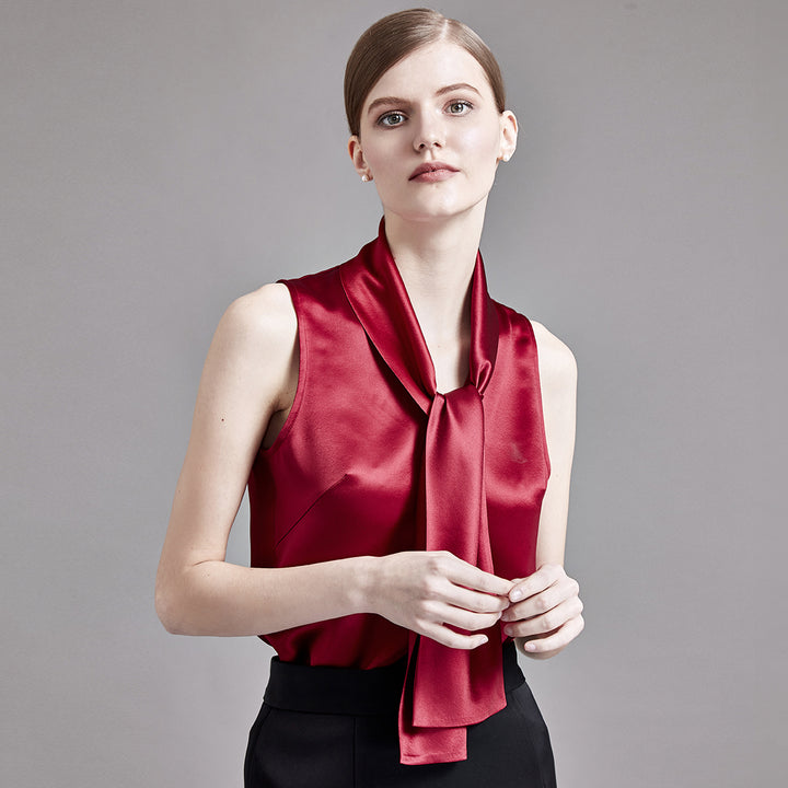 22 Momme Women's V-Neck Sleeveless Silk Tank Top with Scarf Tie