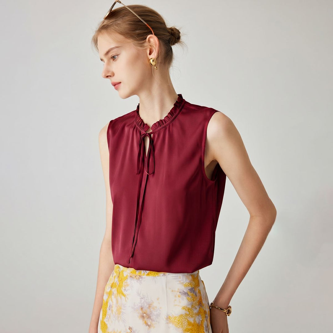 22 Momme Women’s Stand Collar Sleeveless Tie-Neck Silk Shirt