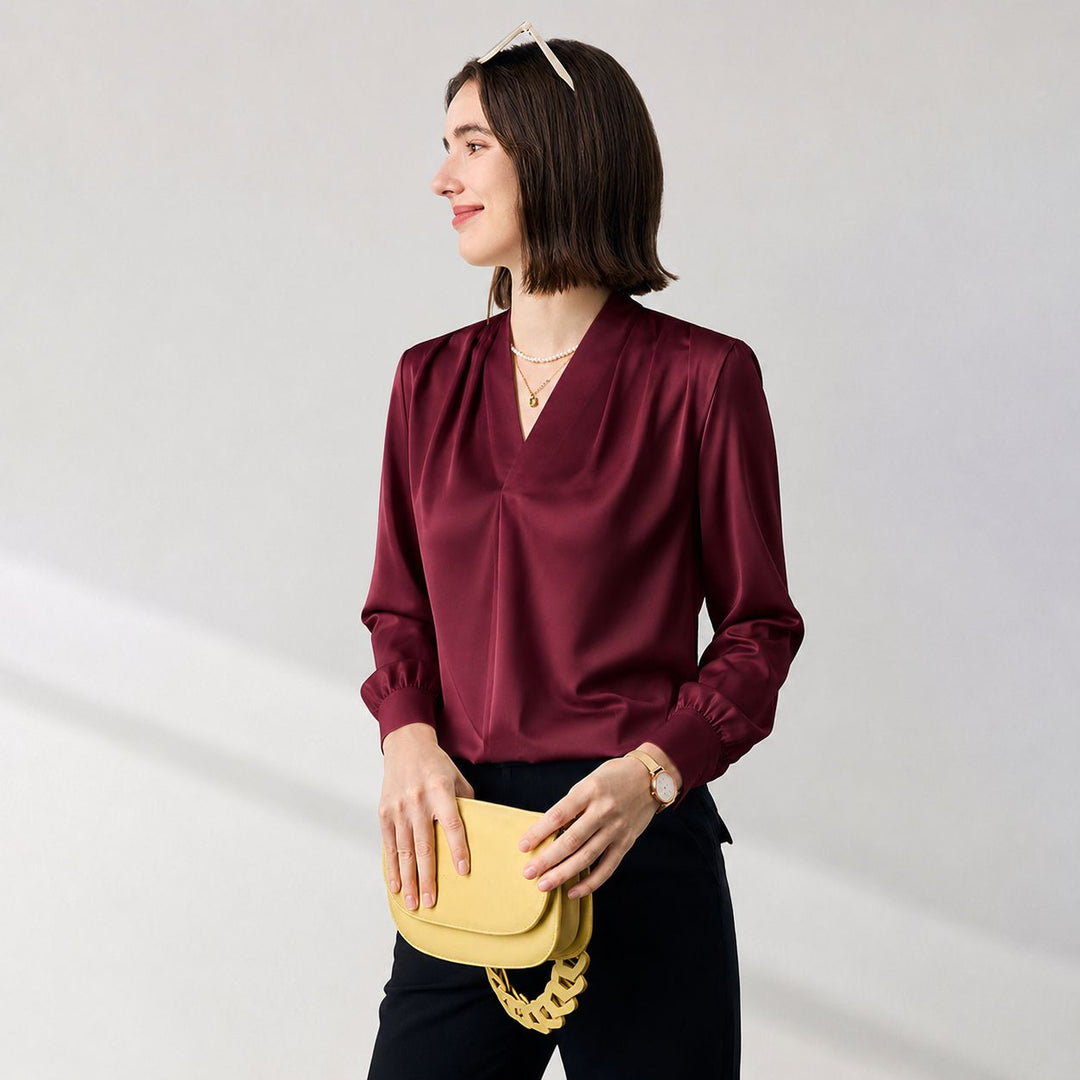 22 Momme Women's V-Neck Draped Front Long Sleeve Silk Blouse
