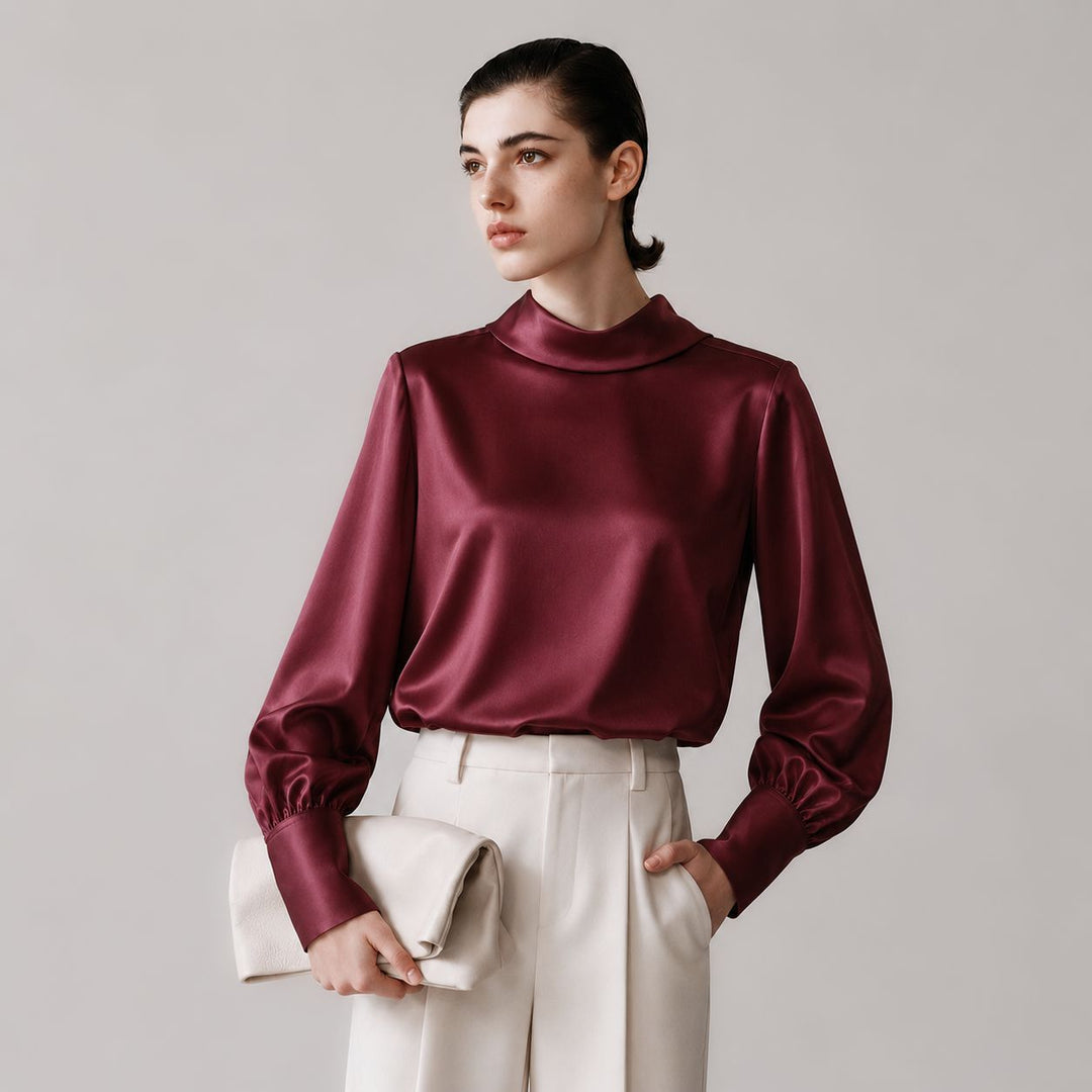 Elegant Long Sleeve High-Neck 100% Mulberry Silk Blouse for Women