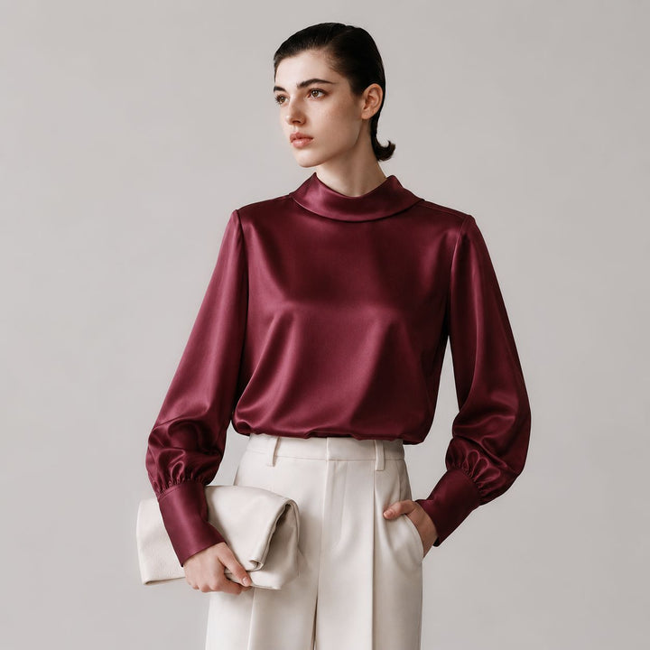 Elegant Long Sleeve High-Neck 100% Mulberry Silk Blouse for Women