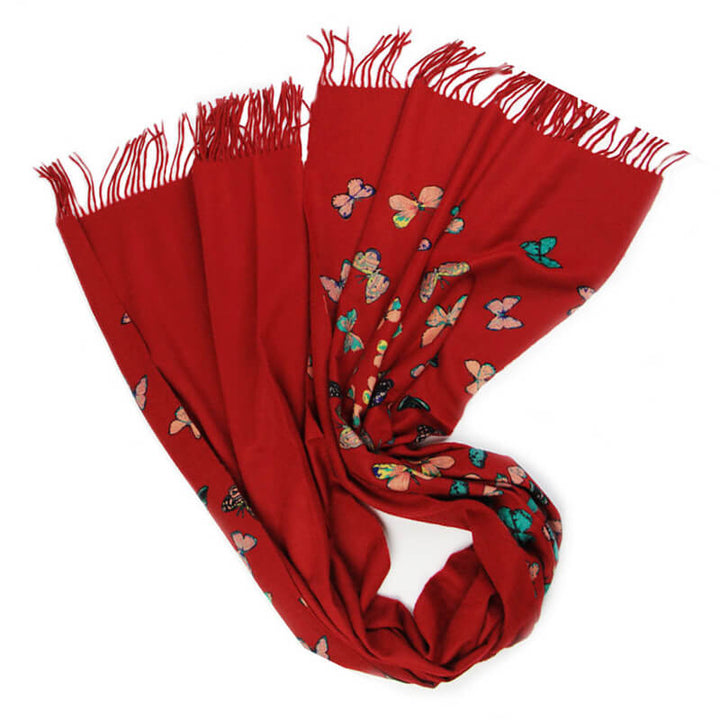 Women's 100% Cashmere Shawl Scarf with Colorful Butterfly Print and Fringes