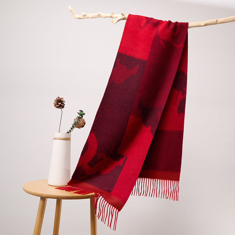 Women's Long Jacquard Cashmere Scarf with Elegant Tassels