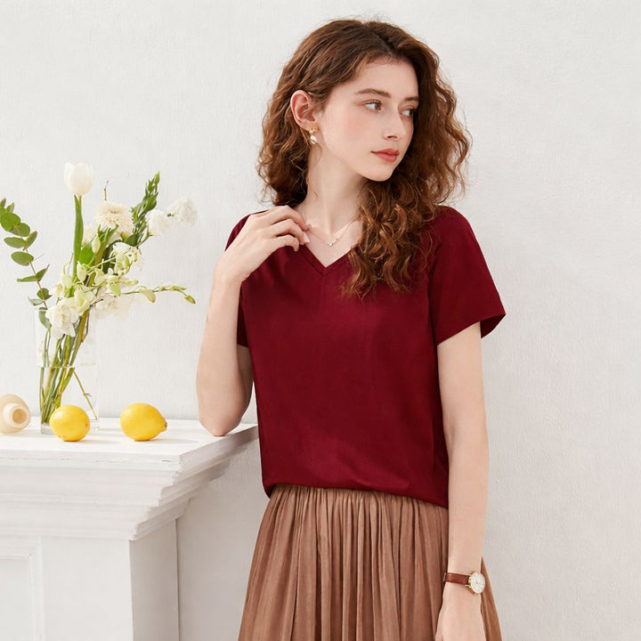 22 Momme Basic V-Neck Pure Mulberry Silk Short Sleeve T-Shirt