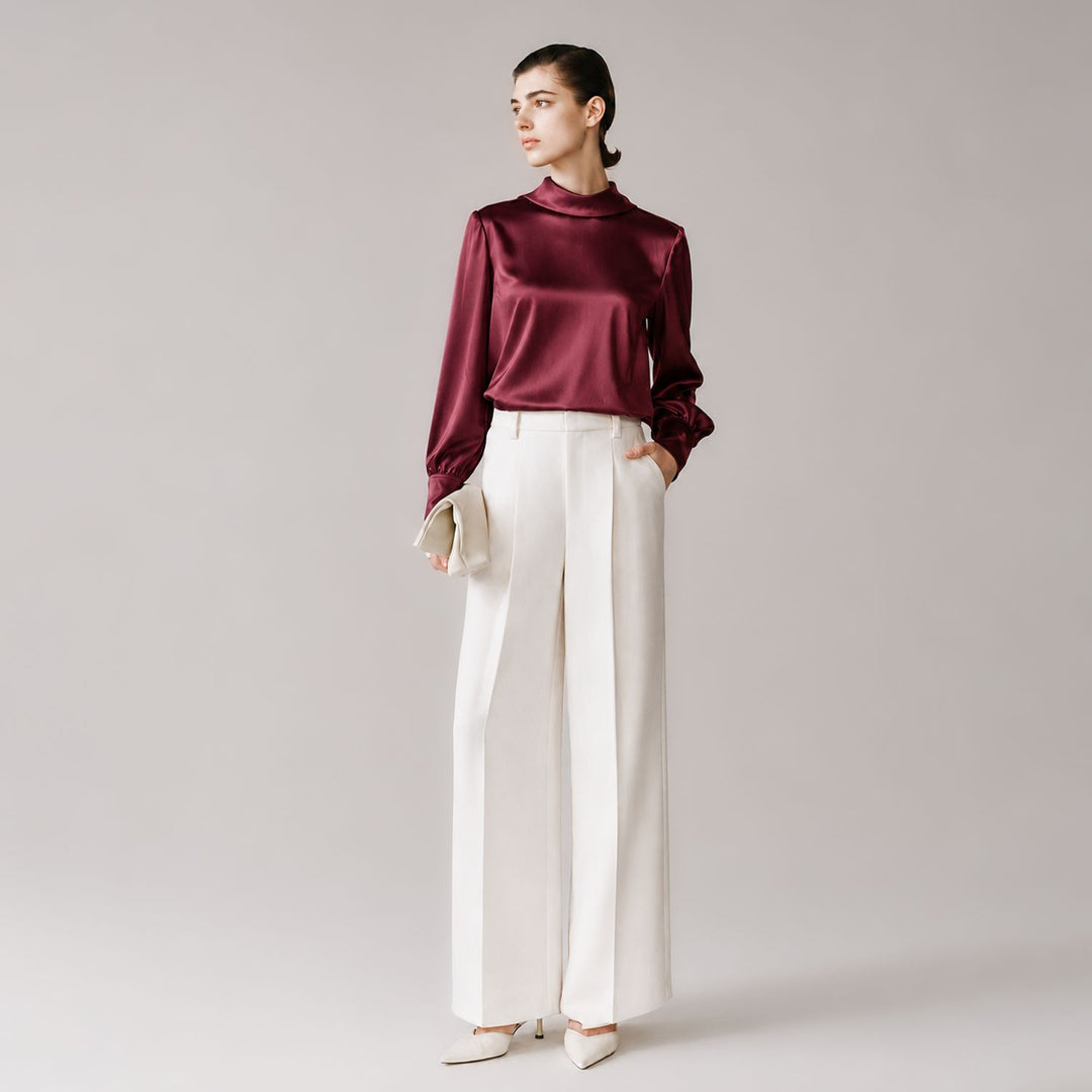 Elegant Long Sleeve High-Neck 100% Mulberry Silk Blouse for Women