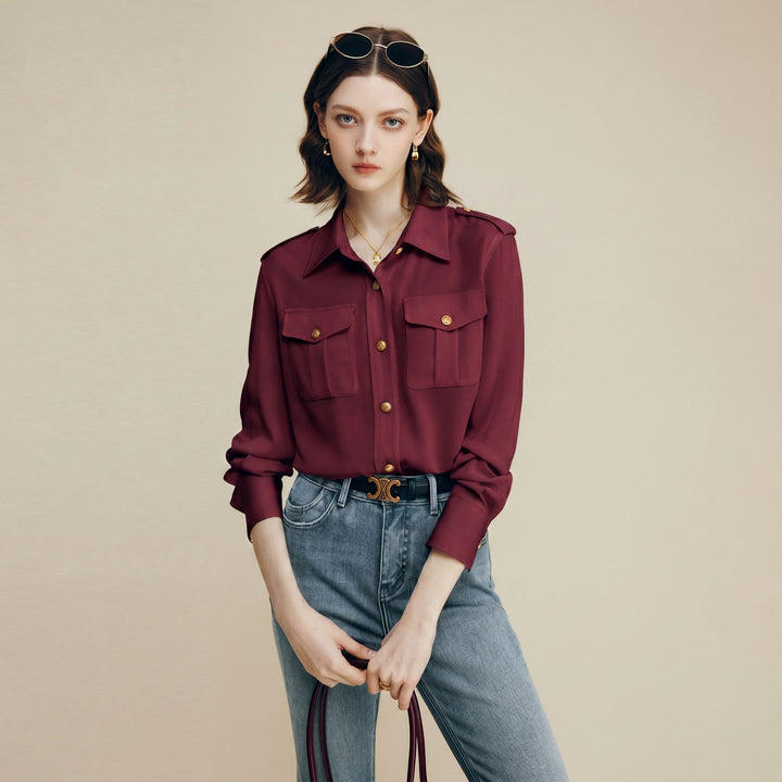 30 Momme Women’s Silk Crepe Utility Shirt with Flap Pockets