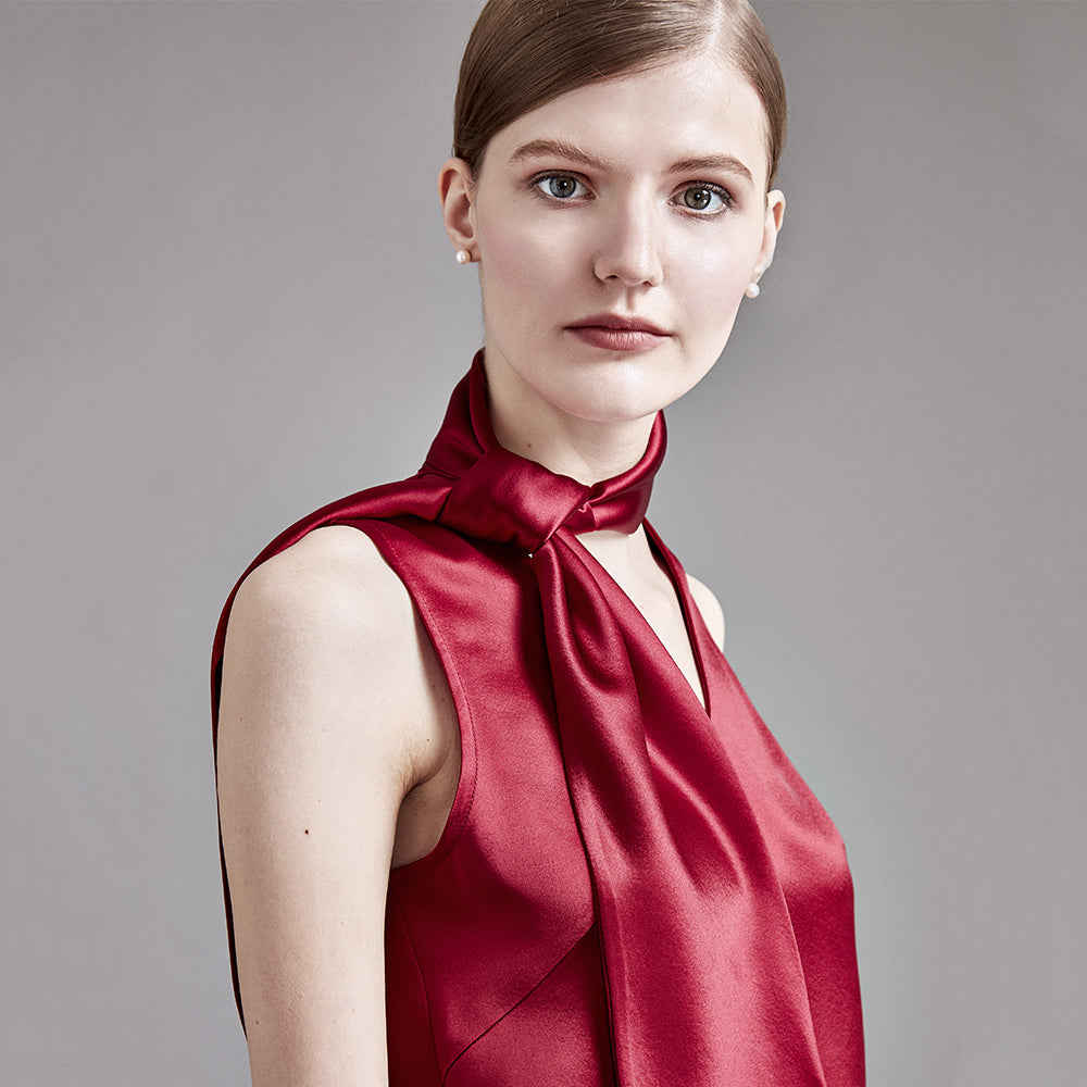 22 Momme Women's V-Neck Sleeveless Silk Tank Top with Scarf Tie