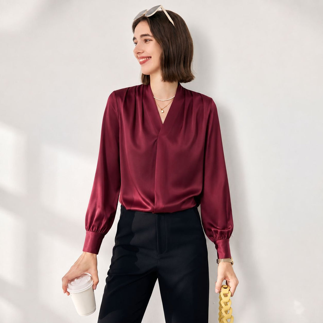 22 Momme Women's V-Neck Draped Front Long Sleeve Silk Blouse