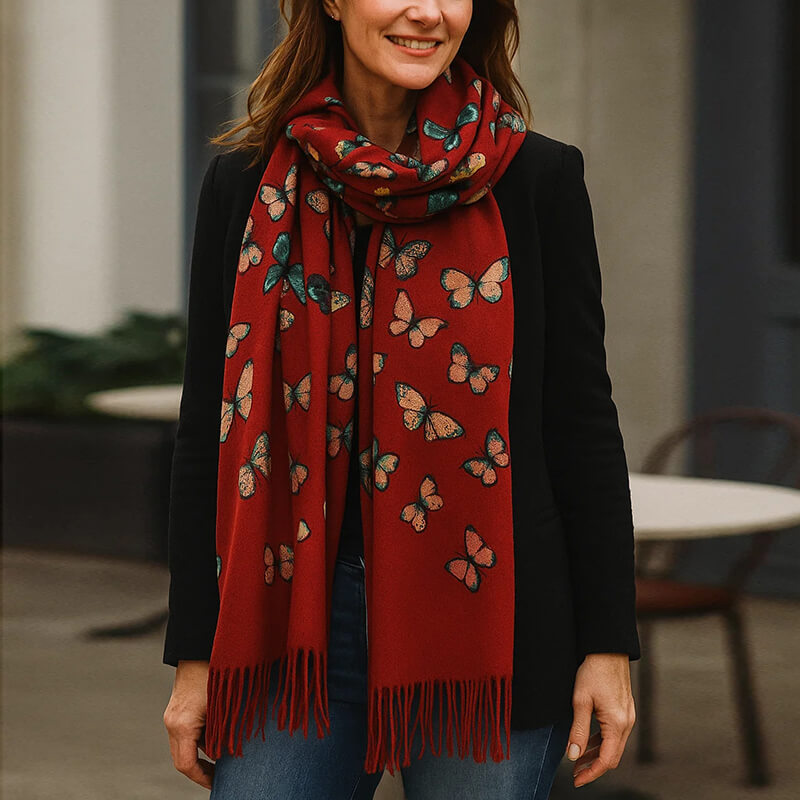 Women's 100% Cashmere Shawl Scarf with Colorful Butterfly Print and Fringes