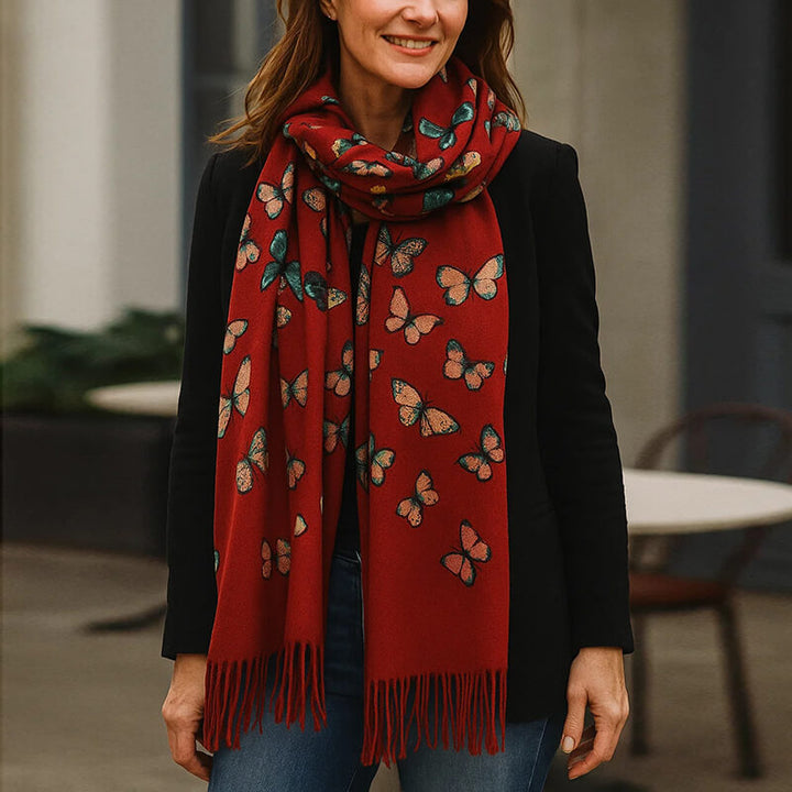 Women's 100% Cashmere Shawl Scarf with Colorful Butterfly Print and Fringes