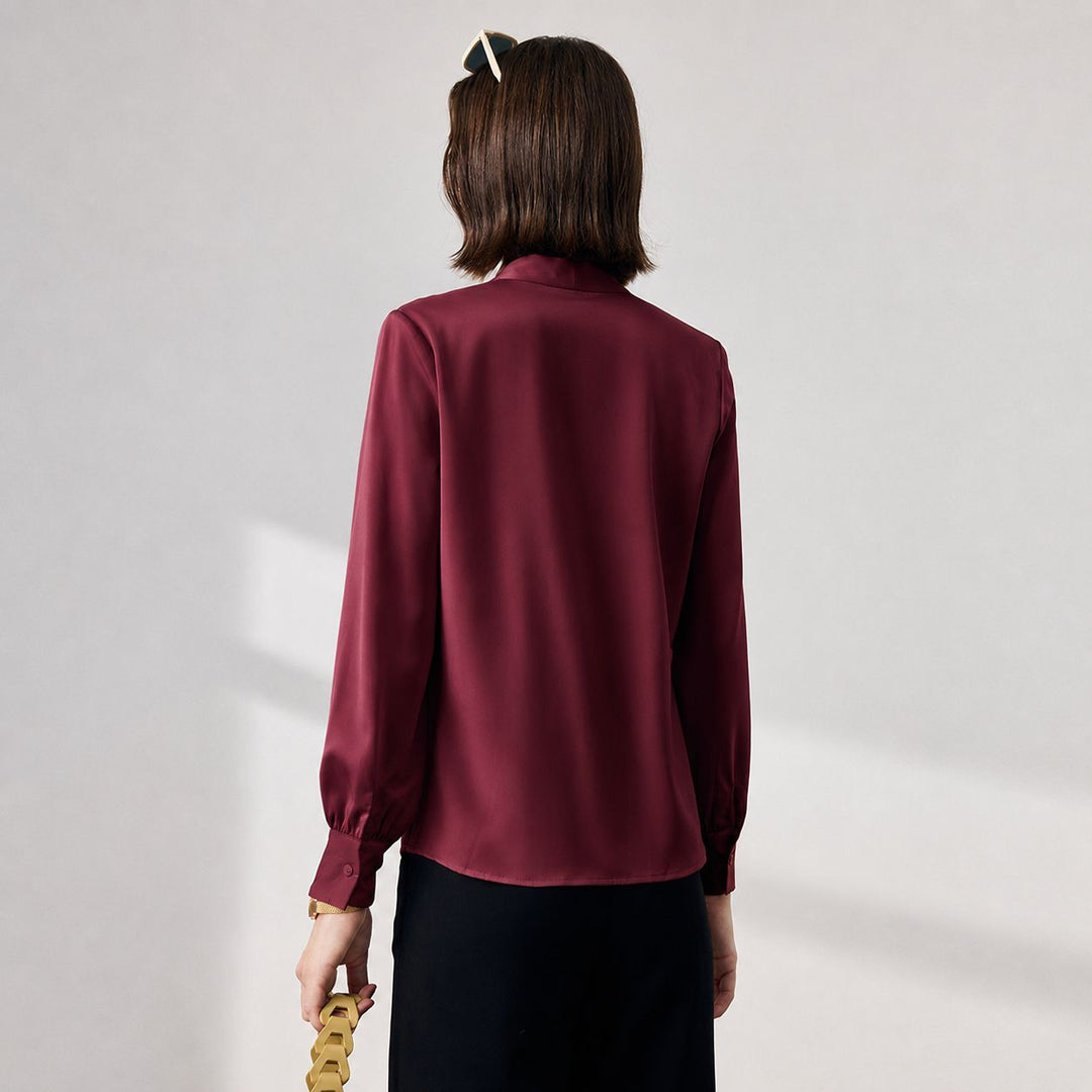 22 Momme Women's V-Neck Draped Front Long Sleeve Silk Blouse