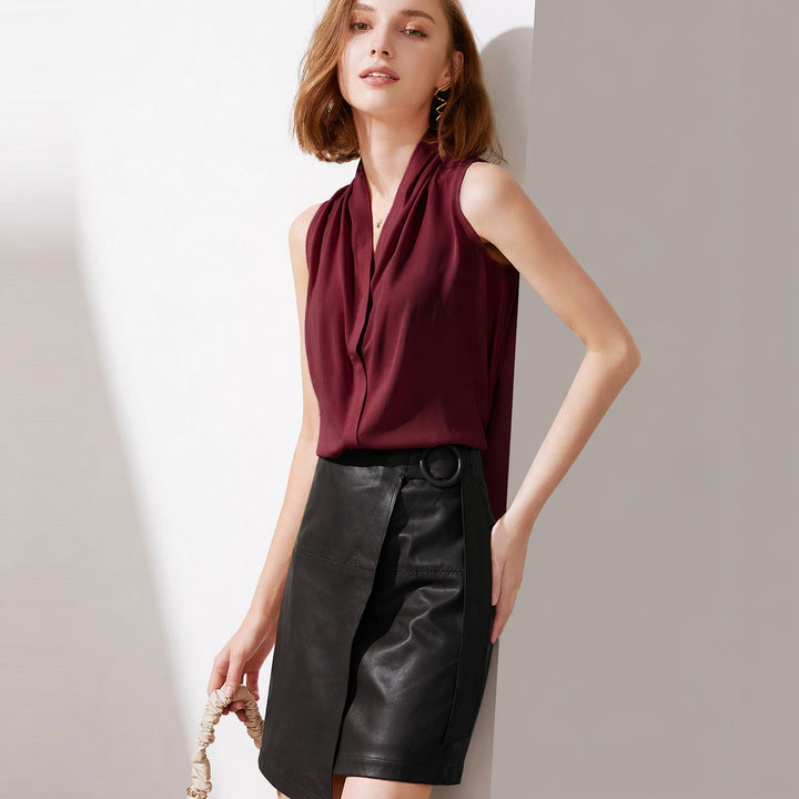 Women’s Sleeveless Draped V-Neck Mulberry Silk Blouse Top