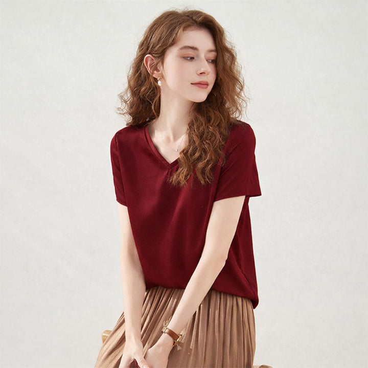 22 Momme Basic V-Neck Pure Mulberry Silk Short Sleeve T-Shirt