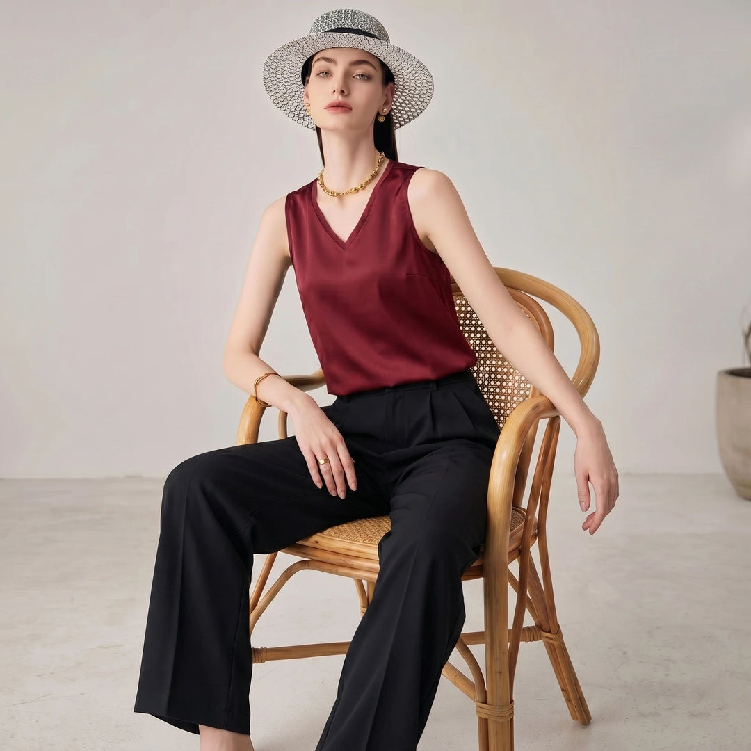 22 Momme V-Neck Sleeveless Silk Tank Top for Women
