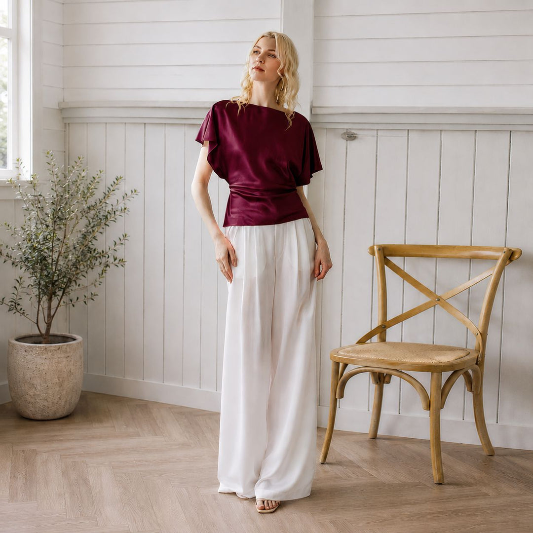 Elegant Self-Tie Batwing Sleeve Mulberry Silk Blouse Top
