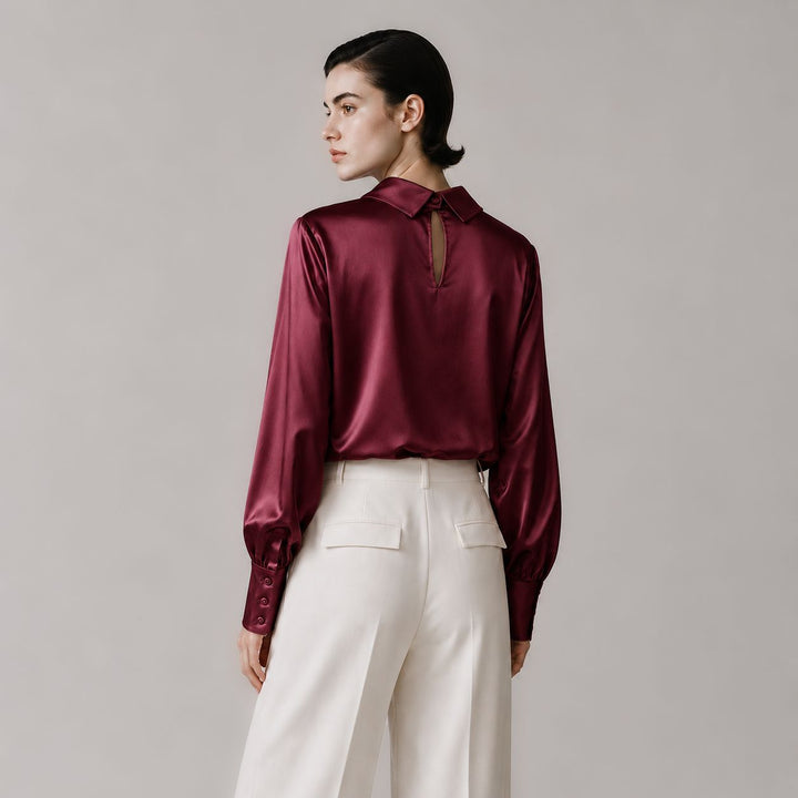 Elegant Long Sleeve High-Neck 100% Mulberry Silk Blouse for Women