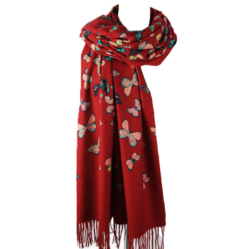 Women's 100% Cashmere Shawl Scarf with Colorful Butterfly Print and Fringes