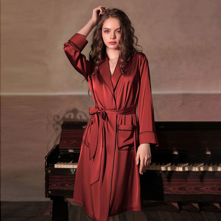 22 Momme Luxury Piped Fixed Waist Belt Women's 100% Silk Robe with Big Pockets