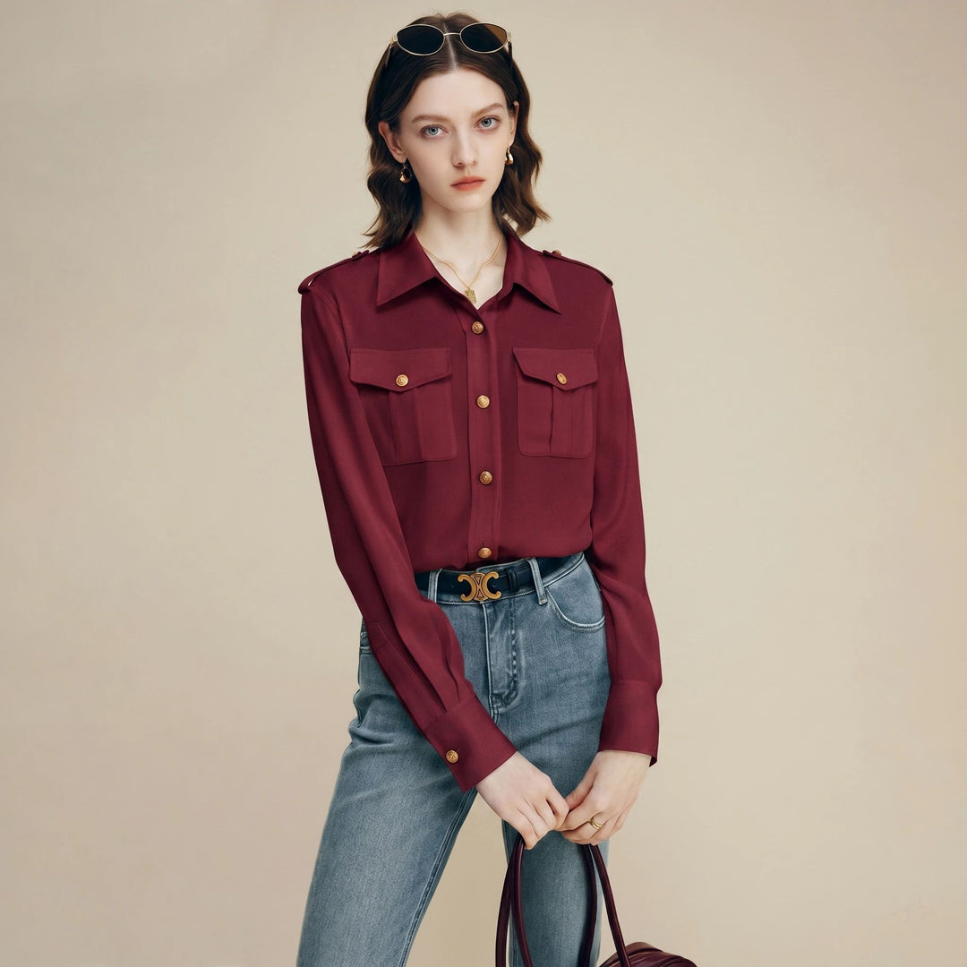 30 Momme Women’s Silk Crepe Utility Shirt with Flap Pockets