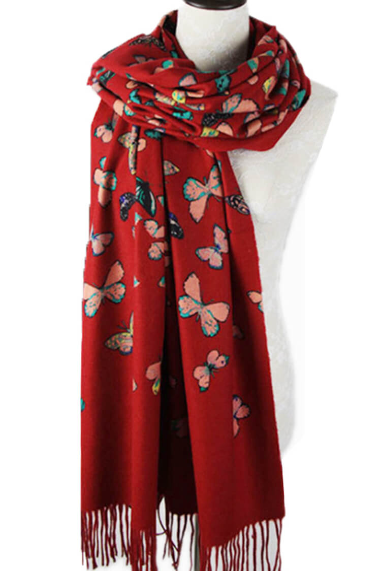 Butterfly Print 100% Cashmere Wrap Scarf with Fringe